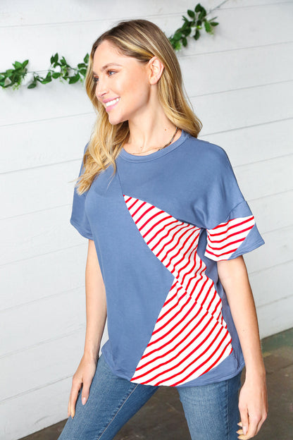 Red Striped Star Detail French Terry Patriotic Top