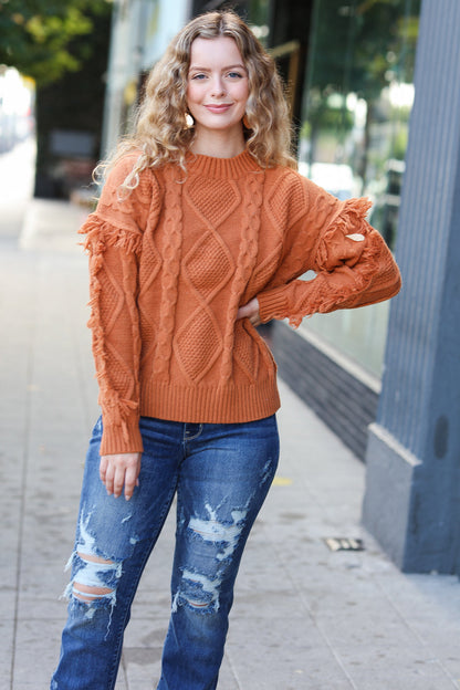 Joyful Days Rust Cable Knit Tassel Fringe Sweater