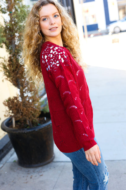 Casual Chic Burgundy Pointelle Lace Shoulder Knit Sweater