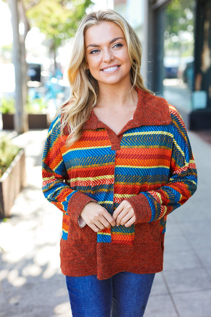 Casual Living Rust & Teal Striped Two Tone Knit Pocketed Top