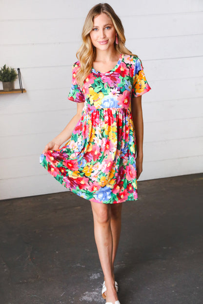 Watercolor Floral Print Babydoll Fit and Flare Dress