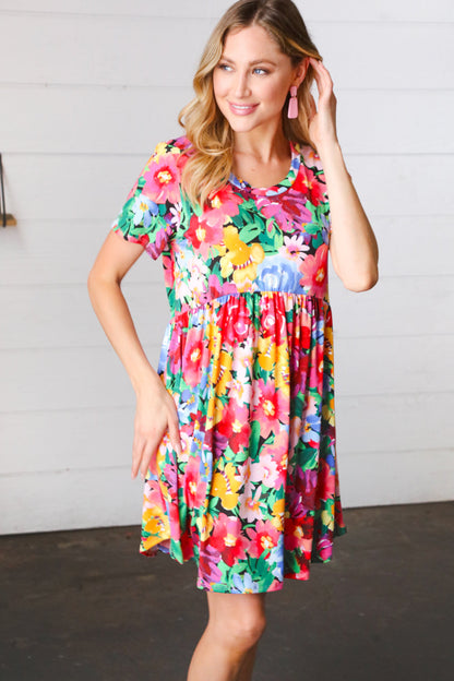 Watercolor Floral Print Babydoll Fit and Flare Dress