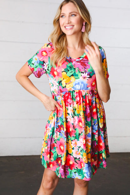 Watercolor Floral Print Babydoll Fit and Flare Dress