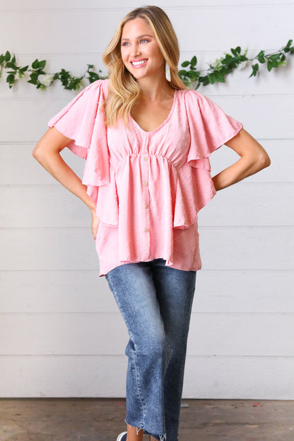 Soft Pink Swiss Dot Ruffle Woven Top