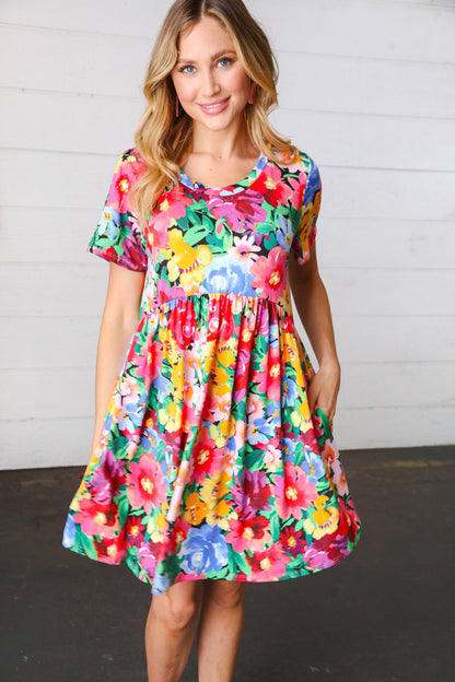 Watercolor Floral Print Babydoll Fit and Flare Dress