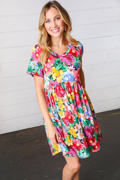 Watercolor Floral Print Babydoll Fit and Flare Dress