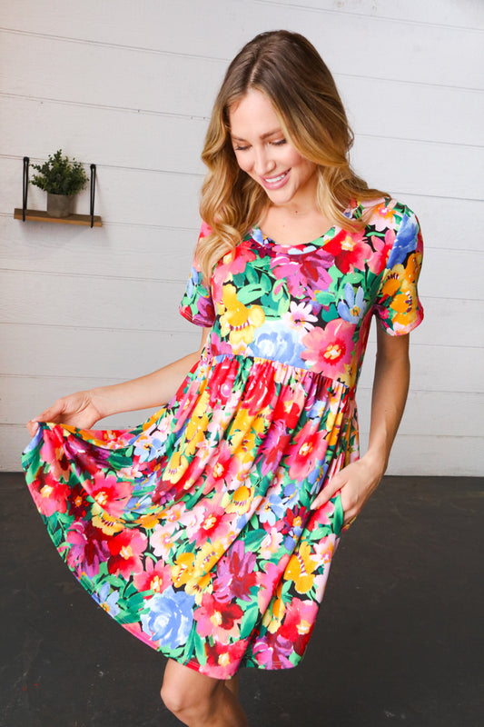 Watercolor Floral Print Babydoll Fit and Flare Dress