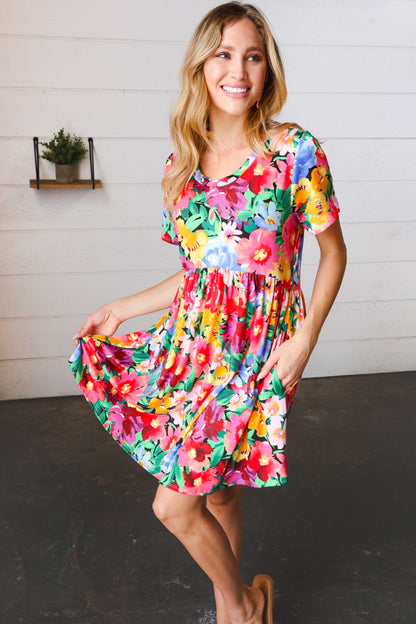 Watercolor Floral Print Babydoll Fit and Flare Dress