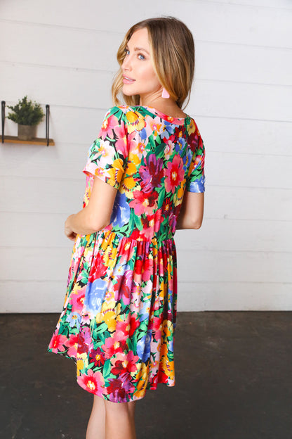 Watercolor Floral Print Babydoll Fit and Flare Dress