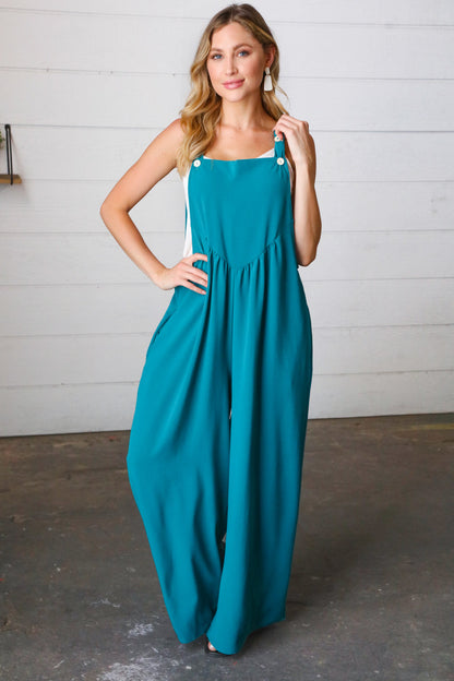 Teal Wide Leg Suspender Overall Jumpsuit