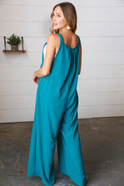 Teal Wide Leg Suspender Overall Jumpsuit