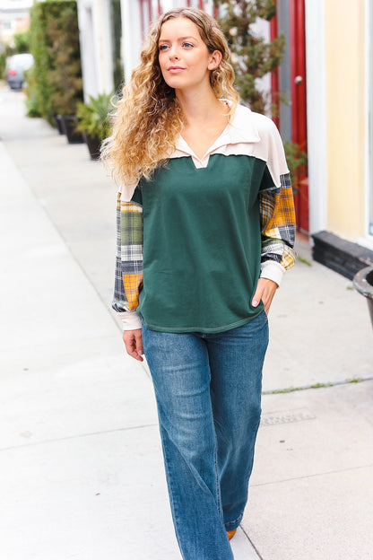 Fall For You Hunter Green Plaid Color Block Collared Terry Top