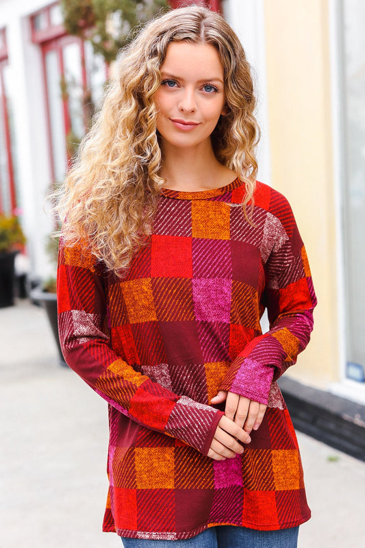 You Got This Burgundy Checker Plaid Print Hacci Knit Top