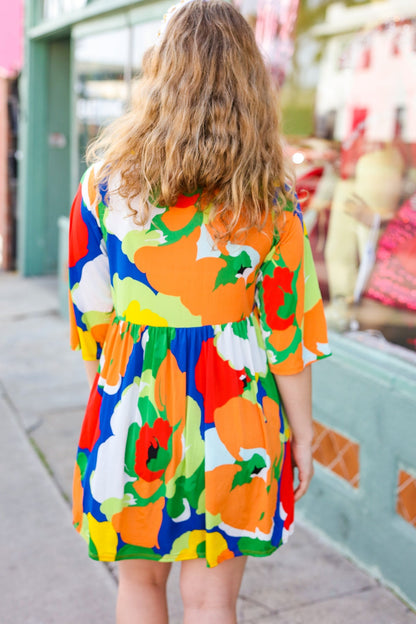 Bright Thoughts Green Floral Print V Neck Babydoll Dress