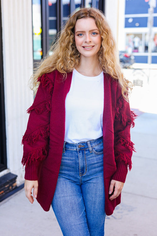 Beautiful You Burgundy Fringe Detail Knit Cardigan