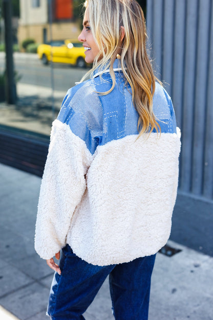 Good Vibes Denim & Ivory Patchwork Sherpa Half Zip Pullover