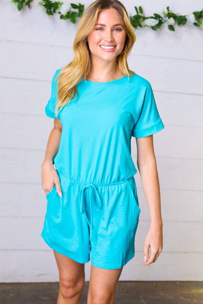 Ice Blue Brushed Knit Elastic Waist Pocketed Romper