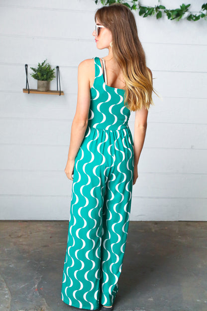 Kelly Green Abstract Wave Button Jumpsuit