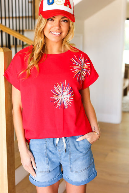 Light Me Up Red Sequin Firework Dolman Top