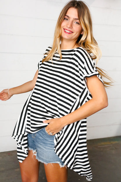 Black & White Stripe Hi-Lo Shark Bite Dolman Top