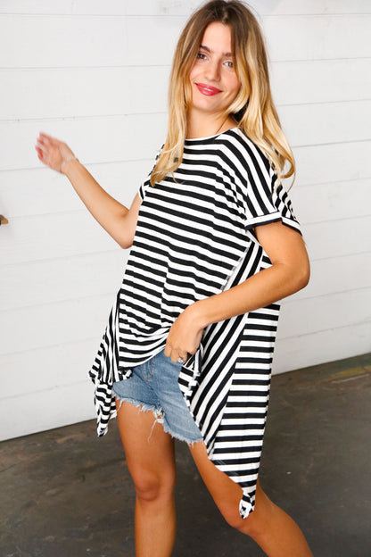 Black & White Stripe Hi-Lo Shark Bite Dolman Top