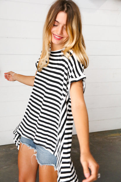 Black & White Stripe Hi-Lo Shark Bite Dolman Top