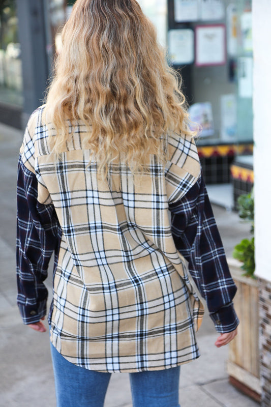 Navy & Beige Cotton Plaid Hi-Lo Shirt Top