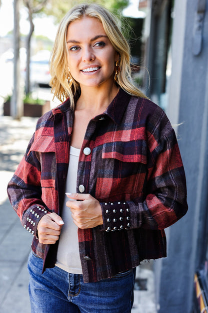 City Streets Burgundy & Rust Plaid Studded Cropped Jacket