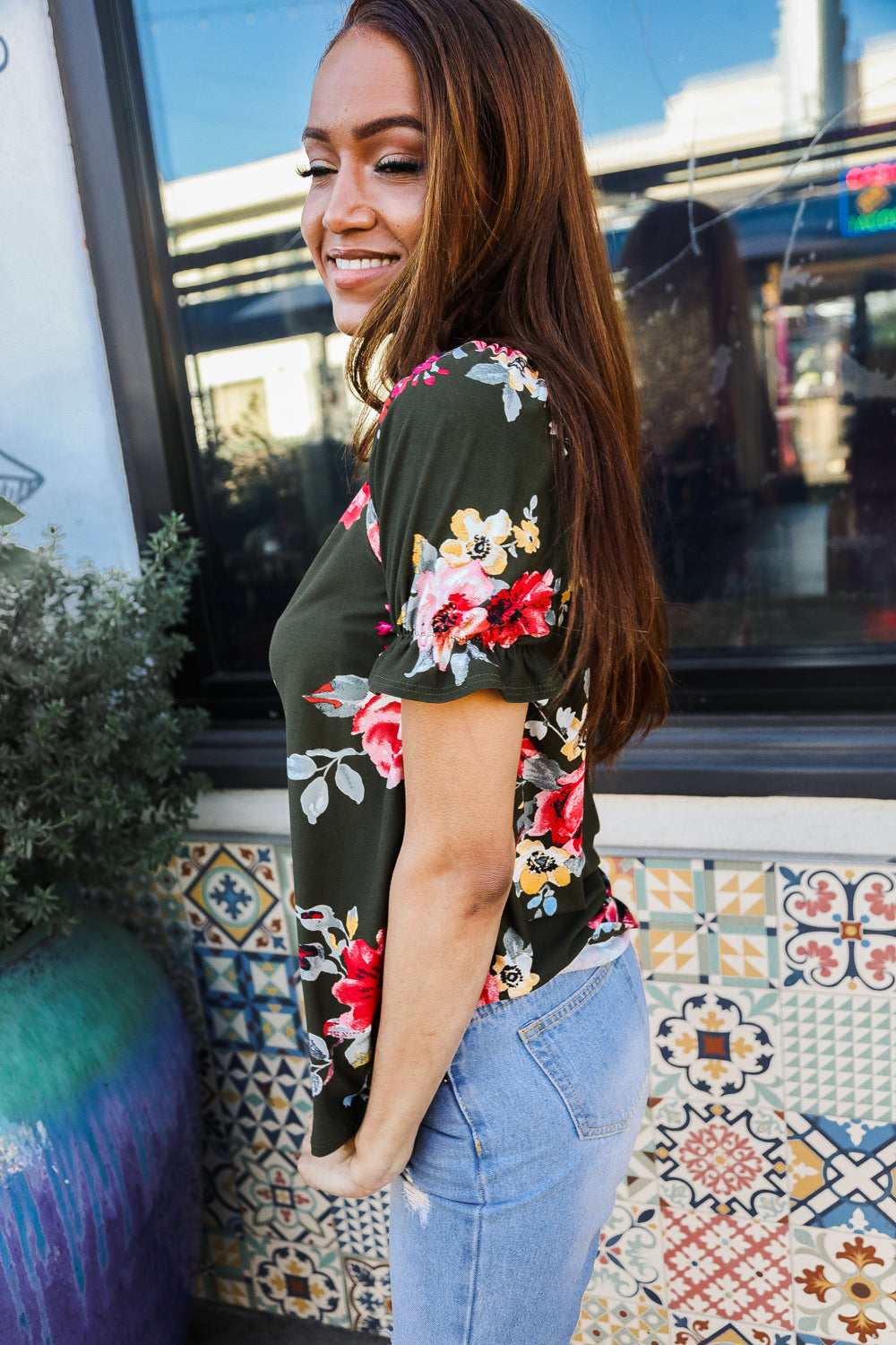 Flower Power Moss Green Floral Print Ruffle Puff Sleeve Top