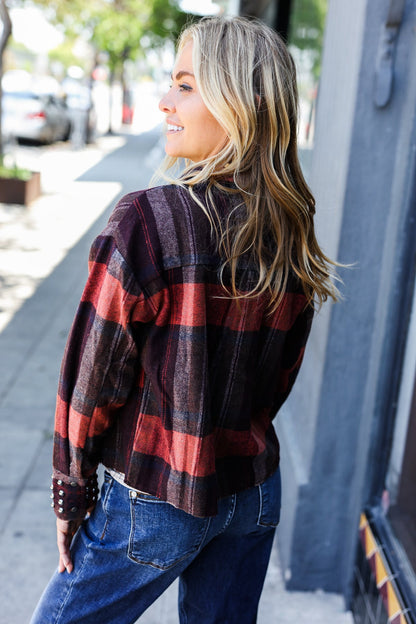 City Streets Burgundy & Rust Plaid Studded Cropped Jacket