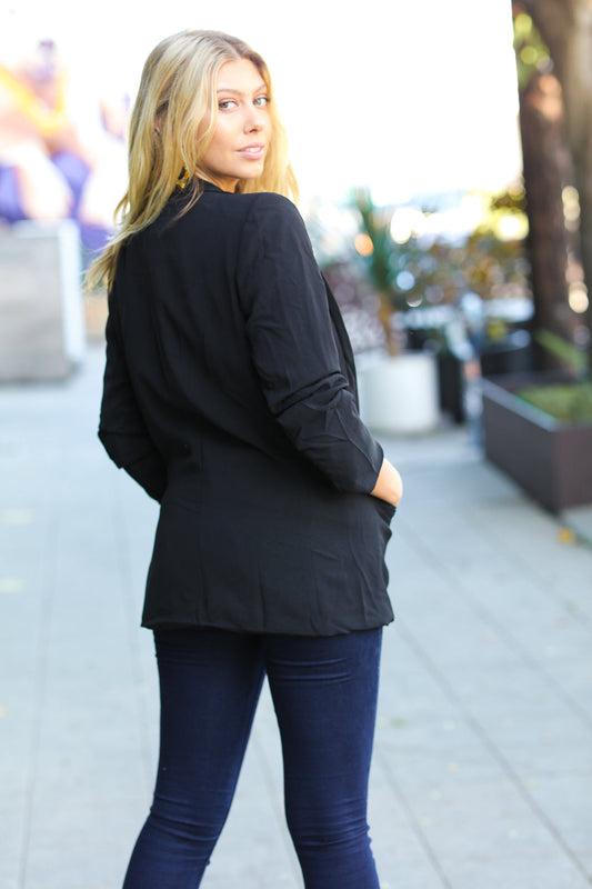 More To Love Black Notched Lapel Ruched Sleeve Blazer