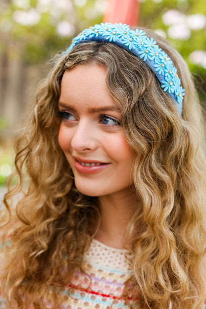 Blue Satin Daisy Rhinestone Headband