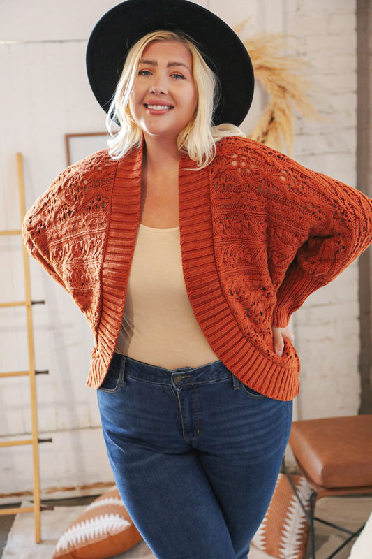 Rust Textured Wool Cable Bolero Open Cardigan