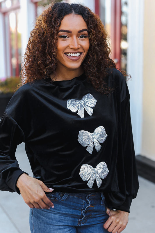 Home For The Holiday Silver Sequin Bow Velvet Pullover Top