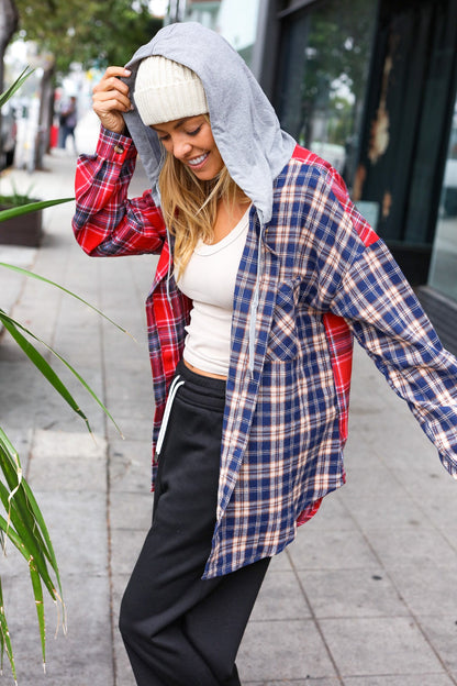 Main Attraction Red & Navy Plaid Color Block Button Down Hoodie