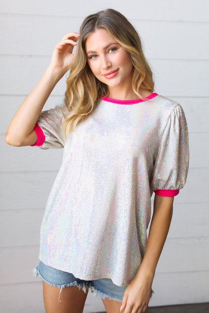 Fuchsia & Sequin Metallic Puff Sleeve Top