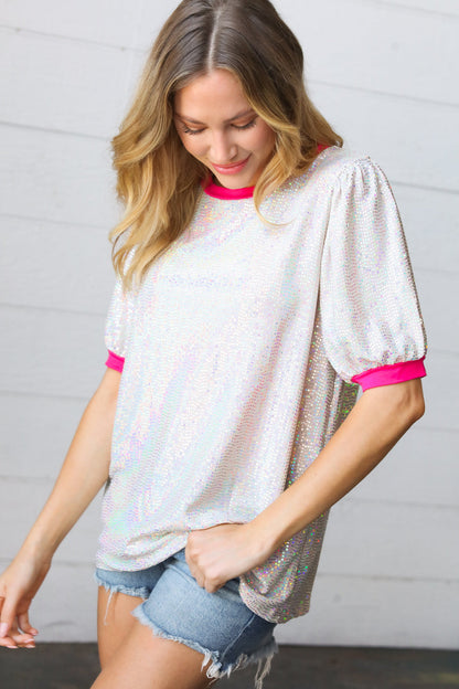 Fuchsia & Sequin Metallic Puff Sleeve Top