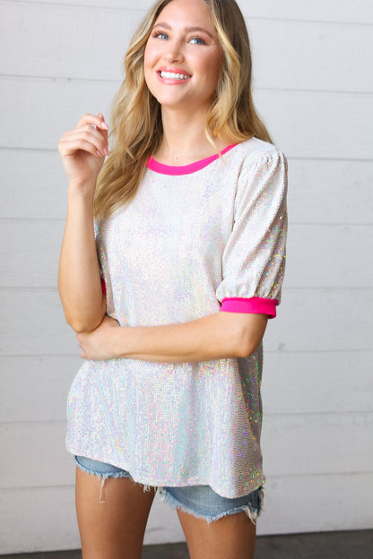 Fuchsia & Sequin Metallic Puff Sleeve Top