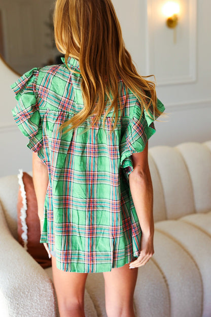 Live For Today Green Plaid Shirred Yoke Flutter Sleeve Top