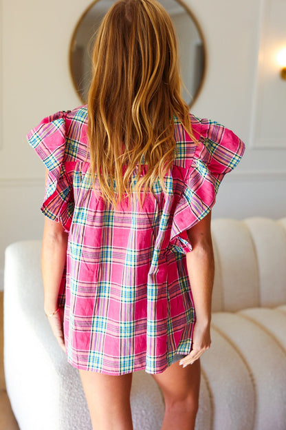 Live For Today Fuchsia Plaid Shirred Yoke Flutter Sleeve Top