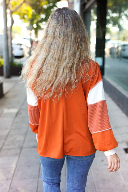 Falling For You Rust Color Block Collared French Terry Top