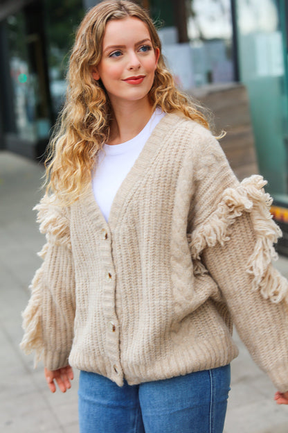 Weekend Ready Oatmeal V Neck Fringe Chunky Cable Cardigan