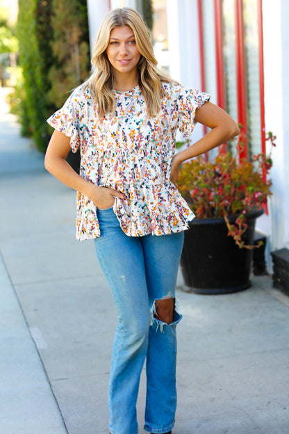 Cream & Mauve Floral Frill Ruffle Hem Tiered Swing Top