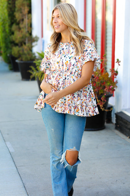 Cream & Mauve Floral Frill Ruffle Hem Tiered Swing Top