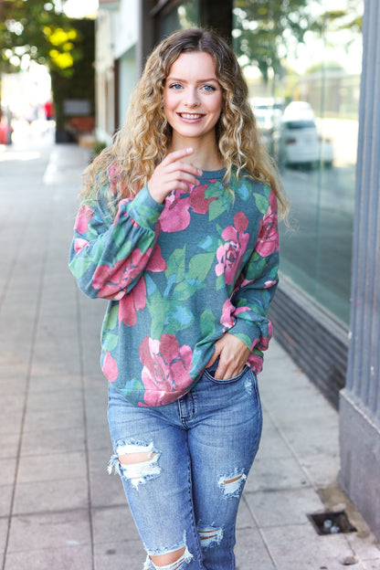 Everyday Hunter Green Floral Brushed Hacci Sweater Top