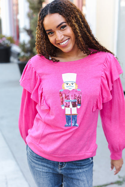 Holiday Hot Pink Sequin Nutcracker Ruffle Hacci Sweater