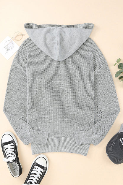 Black V Neck Casual Henley Drawstring Hooded Sweater