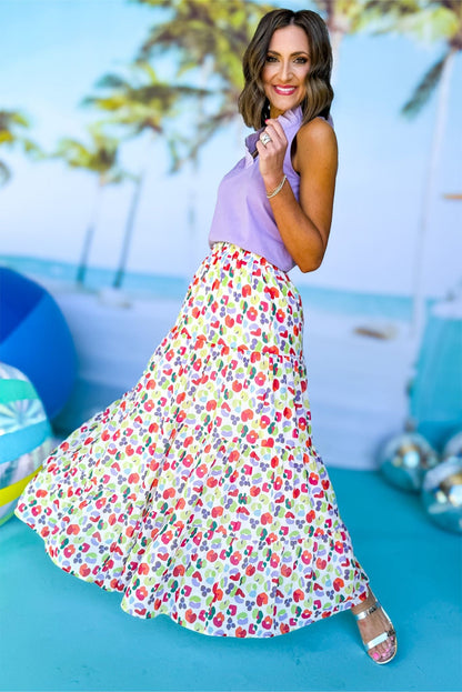 Pink Bohemian Abstract Print Tiered Maxi Skirt