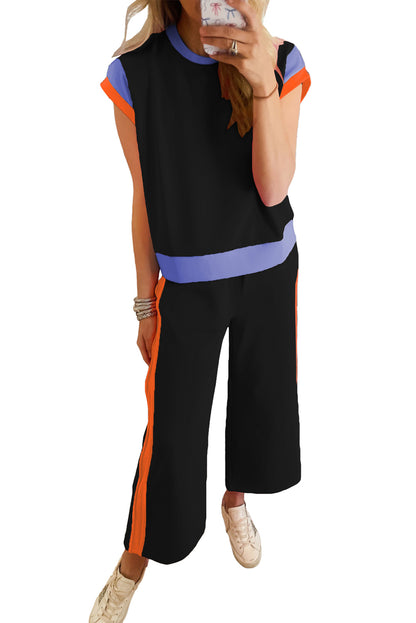 Black Colorblock Cap Sleeve Tee and Wide Leg Pants Set