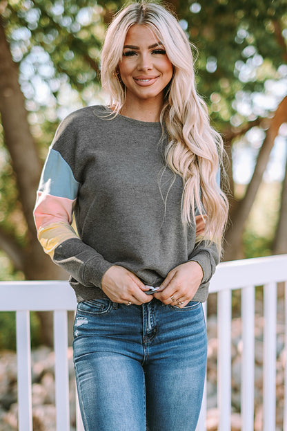 Rosy Color Block Casual Drop Sleeve Sweatshirt